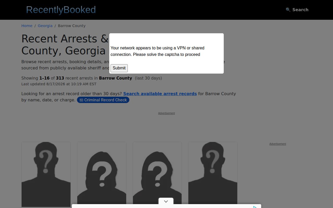 Recently Booked unofficial Barrow County arrest index