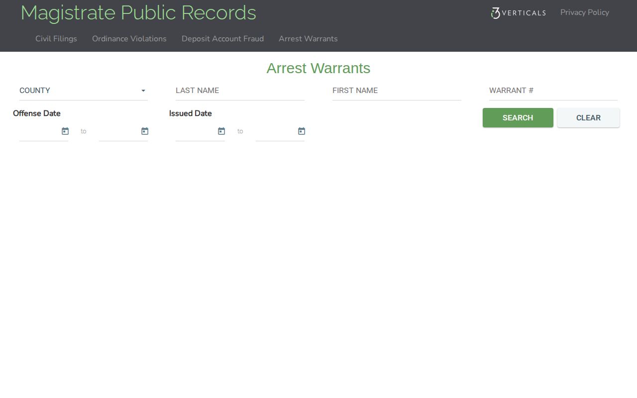 Barrow-selectable magistrate warrant search interface