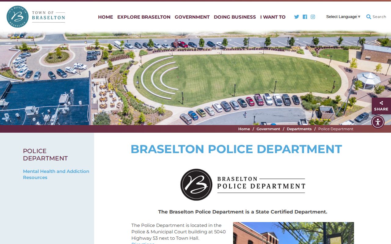 Braselton Police Department arrest records and official town page